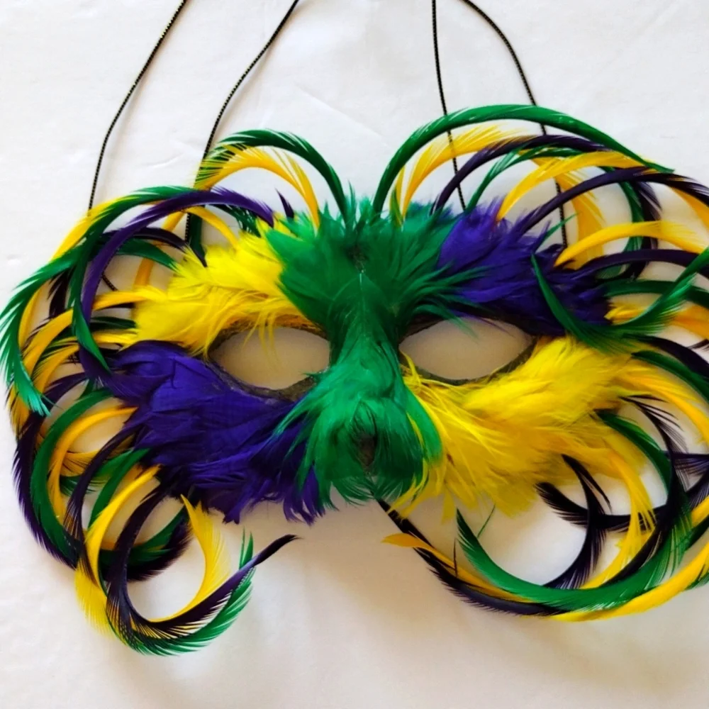 Mardi Grass Mask Purple‎ Yellow Green with Feathers and Adjustable Elastic
